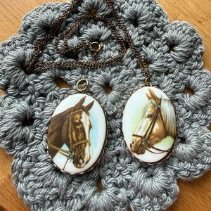 Vintage Horse Head Transfer Print Porcelain Pendant/Necklace